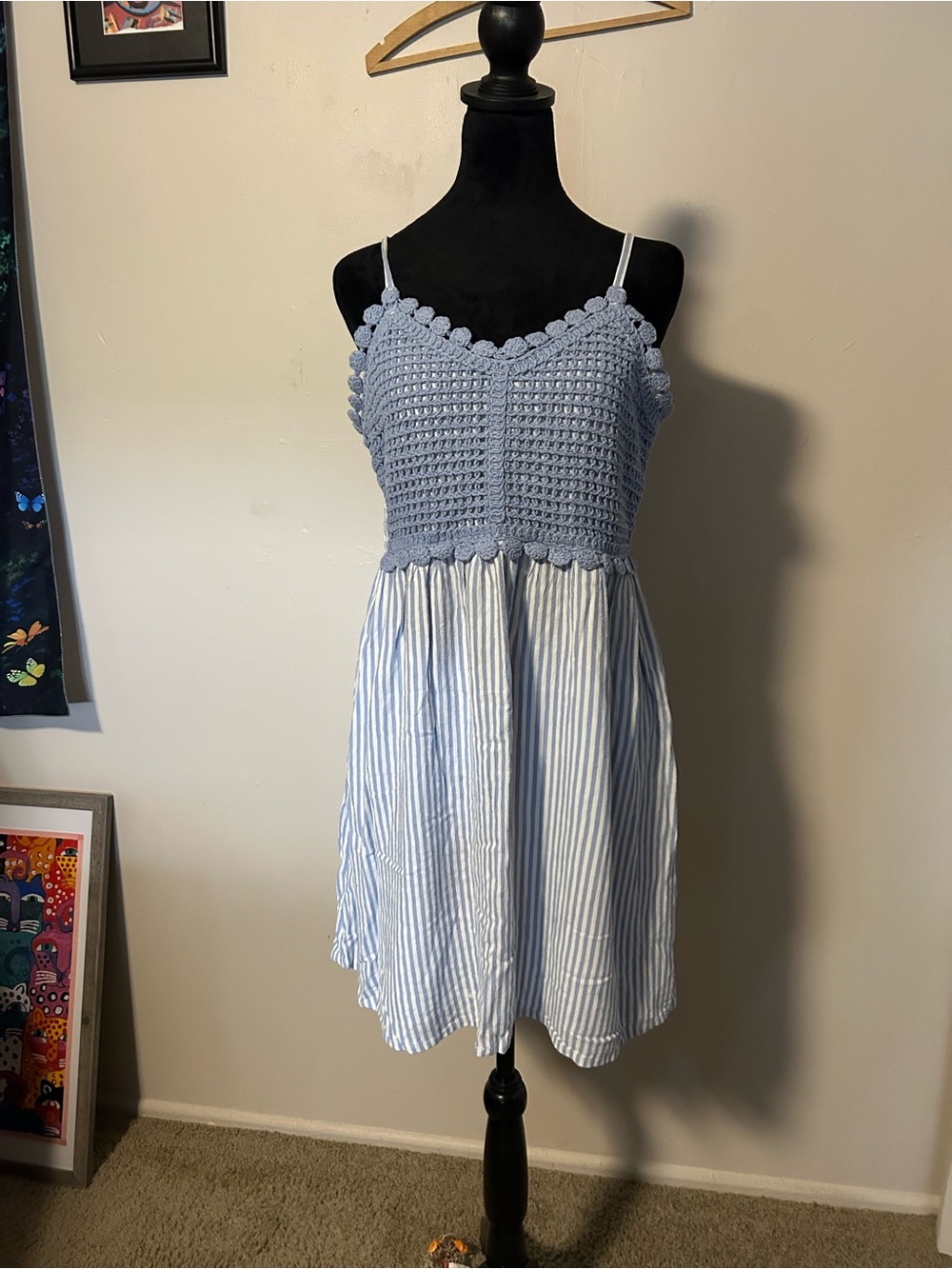 SO Light Blue Crochet Bodice Striped Mini Dress